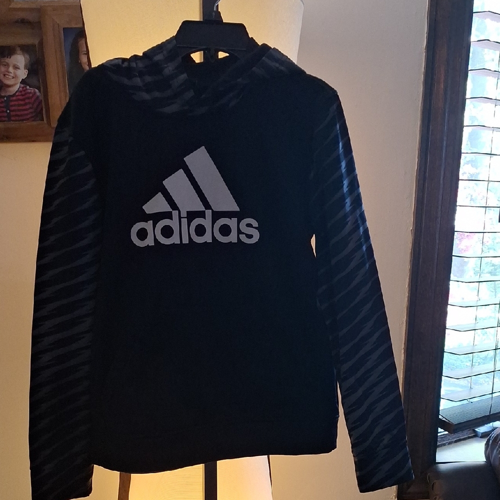 Adidas Size 14/16 Kids Black Hoodie with Striped Sleeves